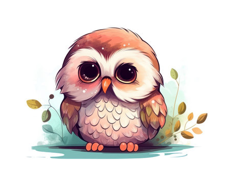 Cute cartoon owl. Vector illustration isolated on a white background. (AI Generated)の素材