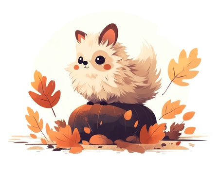Cute cat sitting on pumpkin with autumn leaves. Vector illustration. (AI Generated)の素材