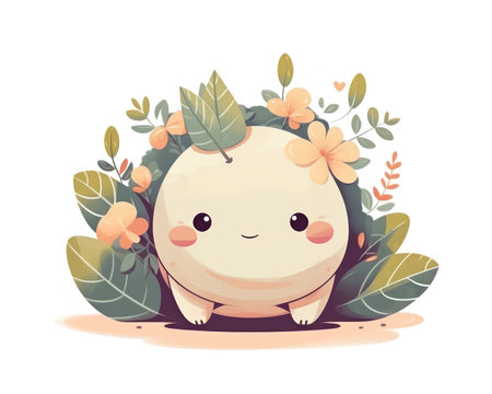 Cute kawaii watermelon character with leaves and flowers. Vector illustration. (AI Generated)の素材