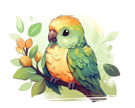 Cute parrot sitting on a branch with leaves. Vector illustration. (AI Generated)の素材