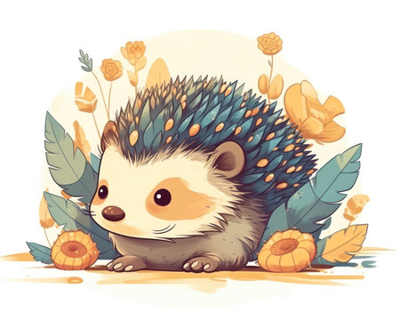 Cute hedgehog with flowers and leaves. Vector cartoon illustration. (AI Generated)の素材
