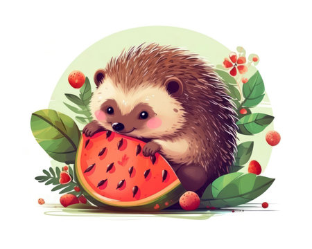 Cute hedgehog eating watermelon. Vector illustration isolated on white background. (AI Generated)の素材