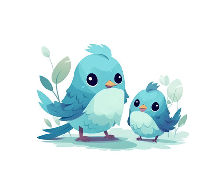 Cute cartoon blue bird with two little birds. Vector illustration. (AI Generated)の素材