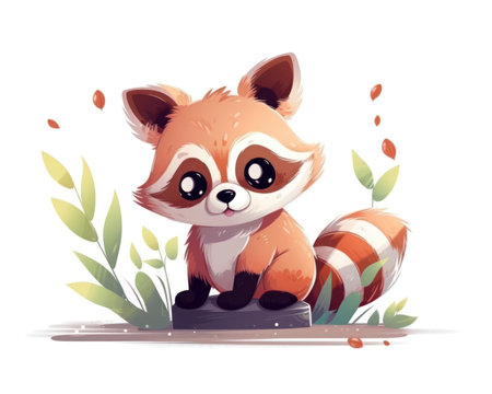 Cute cartoon red panda sitting on a flower pot. Vector illustration. (AI Generated)の素材