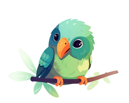 Cute green parrot sitting on a branch. Vector illustration. (AI Generated)の素材