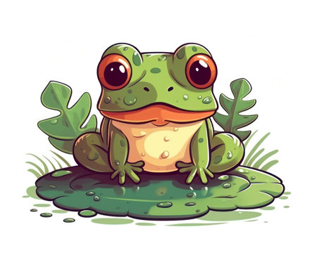 Frog cartoon character sitting on a green leaf. Vector illustration. (AI Generated)の素材