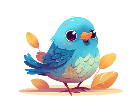 Cute cartoon blue bird sitting on the ground. Vector illustration. (AI Generated)の素材