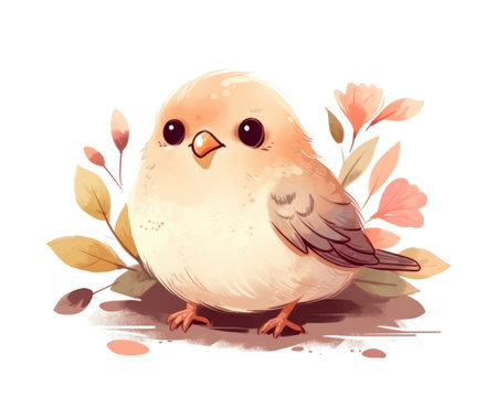 Vector illustration of a cute little bird sitting on a branch with leaves. (AI Generated)の素材