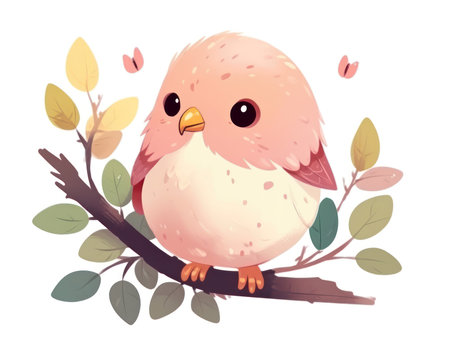 Cute bird sitting on a branch with leaves. Vector illustration. (AI Generated)の素材