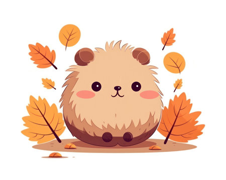 Cute hedgehog sitting in autumn leaves. Vector illustration in cartoon style. (AI Generated)の素材