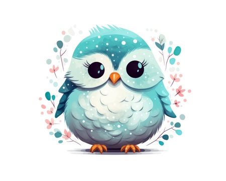 Cute cartoon blue owl with snowflakes. Vector illustration. (AI Generated)の素材