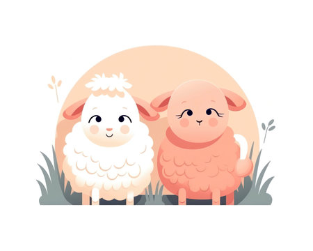 Cute sheeps on a meadow. Vector illustration in cartoon style. (AI Generated)の素材