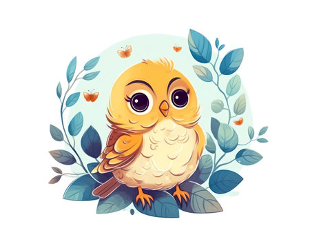 Cute cartoon owl sitting on a branch with leaves. Vector illustration. (AI Generated)の素材