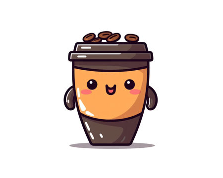 Cute coffee cup character with coffee beans. Vector flat cartoon illustration. (AI Generated)の素材