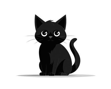 Black cat with big eyes sitting on white background. Vector illustration. (AI Generated)の素材