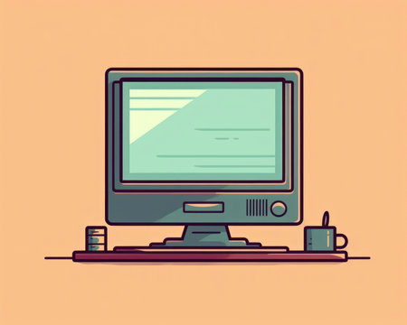 Computer monitor and coffee cup on orange background. Vector illustration in cartoon style. (AI Generated)の素材