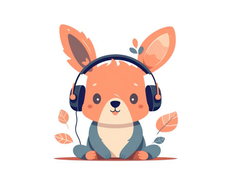 Cute little rabbit listening to music with headphones. Vector illustration. (AI Generated)の素材