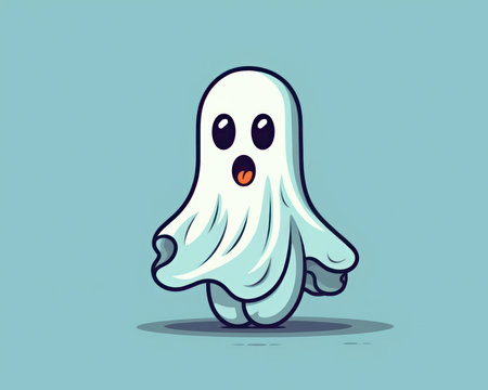 Ghost cartoon character isolated on blue background. Halloween vector illustration. Cute ghost. (AI Generated)の素材