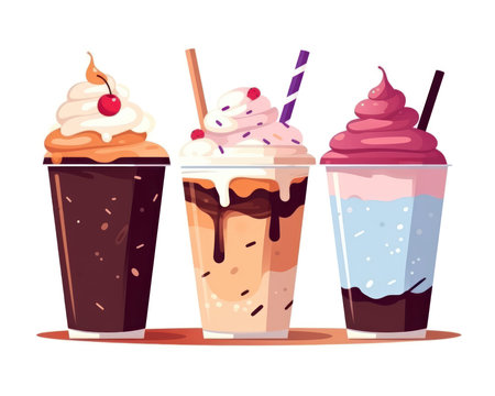 Set of three cups of milkshakes. Vector illustration in flat style. (AI Generated)の素材