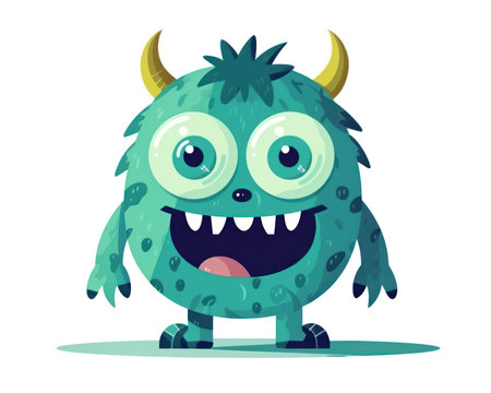 Funny cartoon monster with horns and green eyes. Vector illustration. (AI Generated)の素材