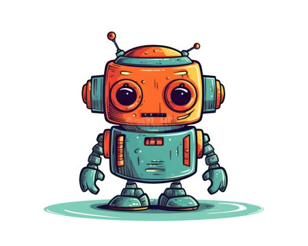 Cute cartoon robot character. Vector illustration isolated on white background. (AI Generated)の素材