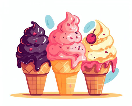 Ice cream vector illustration. Cartoon ice cream in waffle cones. (AI Generated)の素材