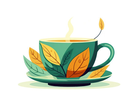 Cup of tea with leaves. Vector illustration in cartoon style. (AI Generated)の素材