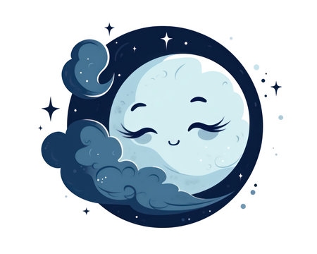 Cute cartoon moon in the night sky with clouds. Vector illustration. (AI Generated)の素材