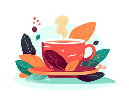 Cup of tea with leaves. Vector illustration in flat style. (AI Generated)の素材