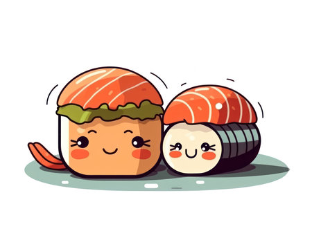 Sushi roll kawaii character. Japanese food vector illustration. (AI Generated)の素材