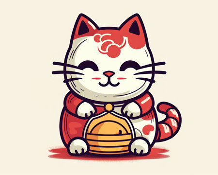 Cute cartoon Maneki-Neko in a red scarf with an egg. Vector illustration. (AI Generated)の素材