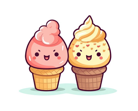 Cute ice cream cartoon character vector illustration. Ice cream, sweet dessert. (AI Generated)の素材