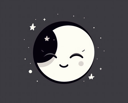 Cute cartoon moon on a dark background with stars. Vector illustration. (AI Generated)の素材