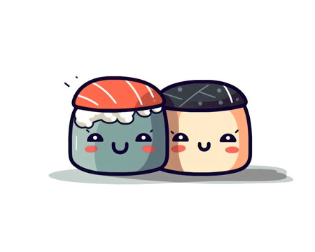 Cute Kawaii Sushi and Sashimi Mascot Character Illustration. (AI Generated)の素材