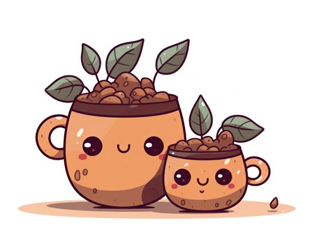Cute coffee cups with beans. Vector illustration in cartoon style. (AI Generated)の素材