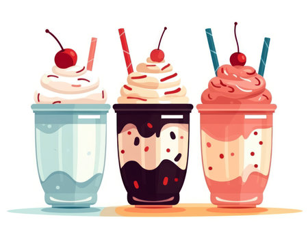 Milkshakes with whipped cream, cherry and chocolate. Vector illustration. (AI Generated)の素材