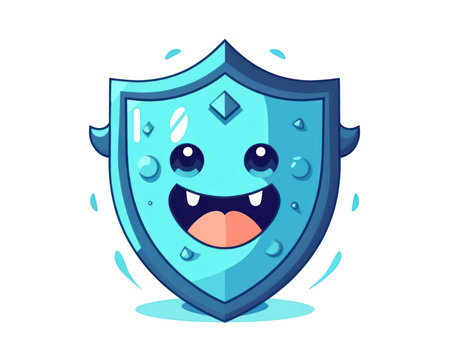 Cute cartoon shield character with happy face and eyes. Vector illustration. (AI Generated)の素材