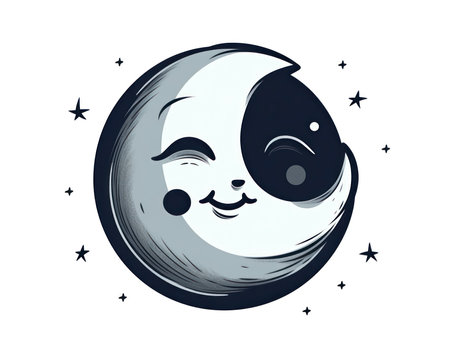 Cute cartoon moon on a white background with stars. Vector illustration. (AI Generated)の素材