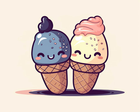 Cute ice cream characters. Vector cartoon kawaii food illustration. (AI Generated)の素材