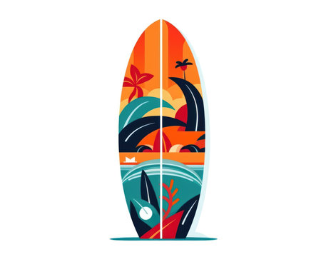 Surfboard with tropical leaves and palm trees. Vector illustration. (AI Generated)の素材