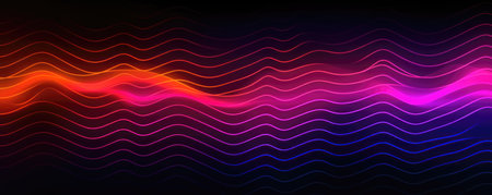 Neon glowing wave, magic energy and light motion background. Vector wallpaper template.の素材