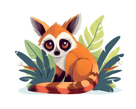 Cute red lemur sitting on the ground among tropical leaves. Vector illustration. (AI Generated)の素材