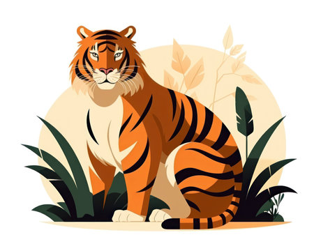 Tiger sitting in the jungle. Vector illustration in flat style. (AI Generated)の素材
