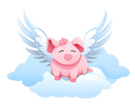 Cute pink pig with wings on clouds. Vector illustration. (AI Generated)の素材