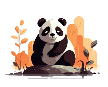 Panda bear sitting on the rock in the forest. Vector illustration. (AI Generated)の素材