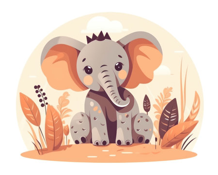 Cute baby elephant in jungle. Vector illustration in cartoon style. (AI Generated)の素材