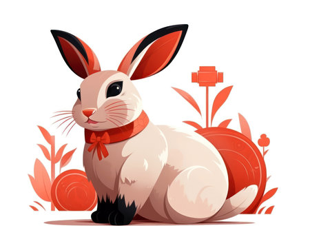 Cute cartoon rabbit with red bow sitting on the grass. Vector illustration. (AI Generated)の素材