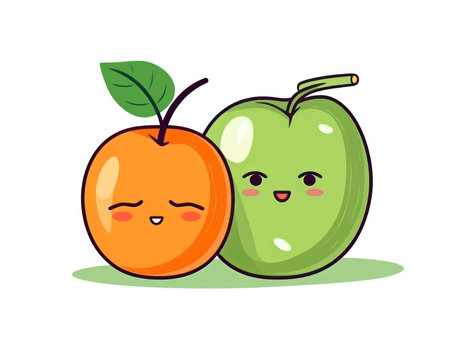 Cute kawaii apple and orange fruit characters vector illustration. (AI Generated)の素材