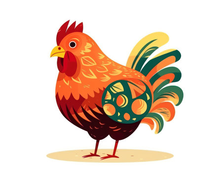 Vector illustration of a rooster on a white background. Cute cartoon rooster. (AI Generated)の素材