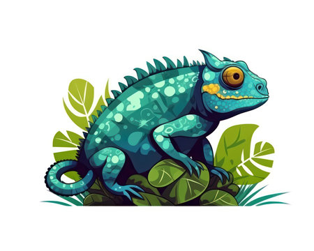 Cartoon blue chameleon isolated on white background. Vector illustration. (AI Generated)の素材